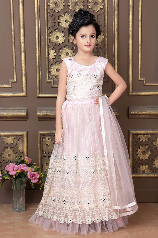 Net Fabric Embroidered Function Wear Readymade Kids Lehenga Choli In Pink Color