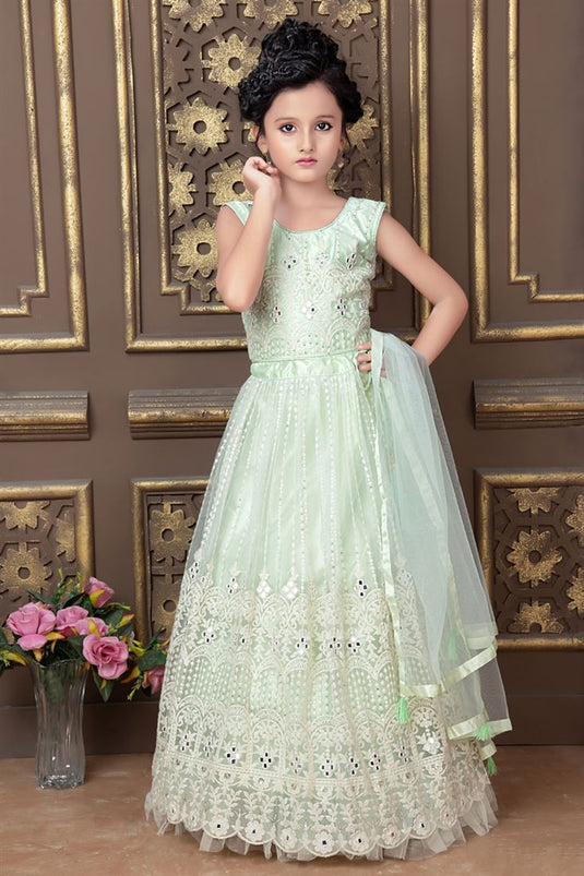 Sea Green Color Embroidered Function Wear Readymade Kids Lehenga Choli In Net Fabric