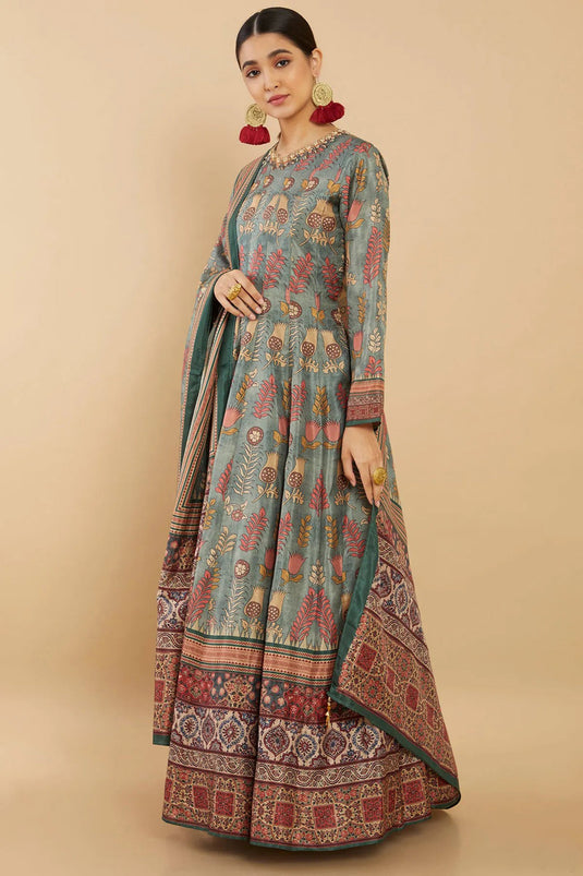 Art Silk Sea Green Festive Wear Digital Print Readymade Long Anarkali Style Gown