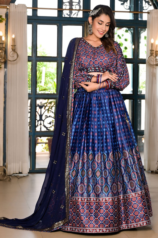 Satin Fabric Function Wear Printed Readymade Lehenga Choli In Blue Color