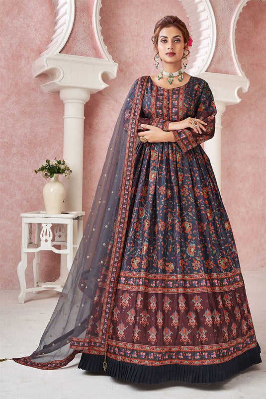 Art Silk Fabric Charismatic Gown With Dupatta In Navy Blue Color