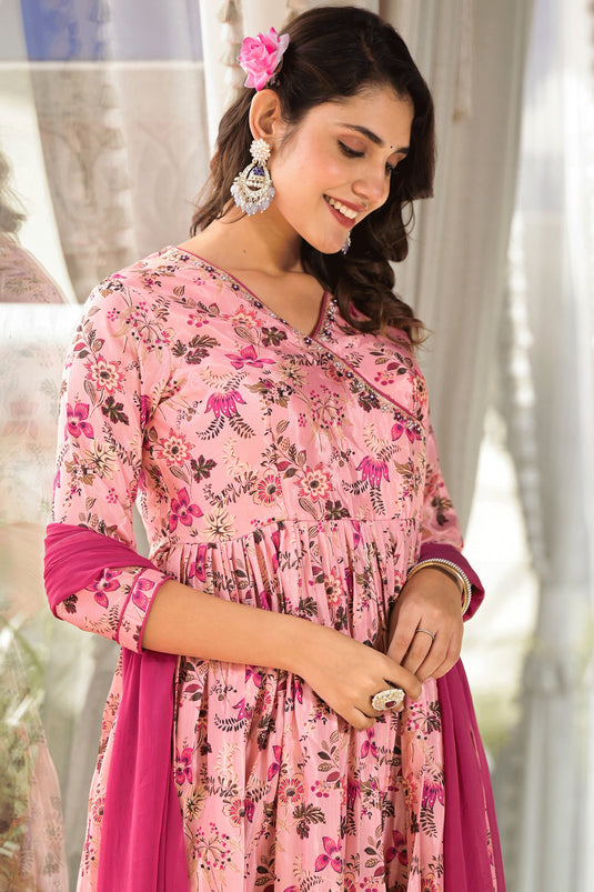 Printed Work On Art Silk Fabric Bewitching Anarklai Suit In Pink Color