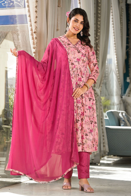 Printed Work On Art Silk Fabric Bewitching Anarklai Suit In Pink Color