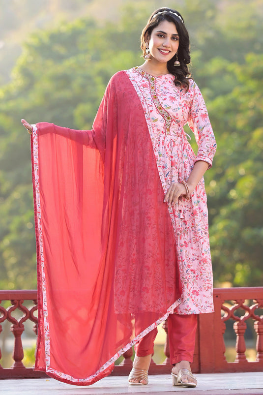 Art Silk Fabric Rani Color Riveting Anarklai Suit With Printed Work