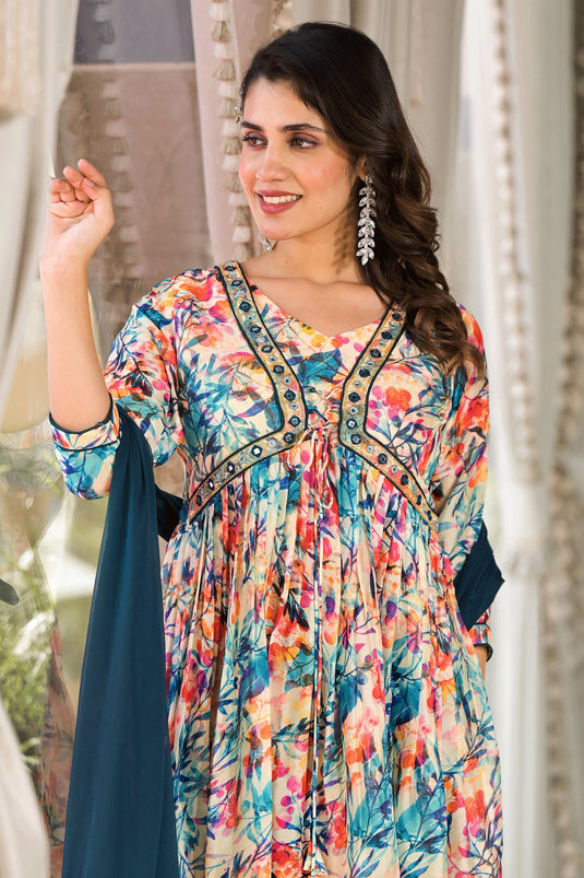 Georgette Fabric Multi Color Patterned Anarklai Suit With Printed Work
