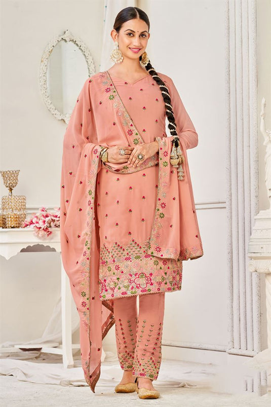 Peach Color Embroidered Trendy Georgette Salwar Suit