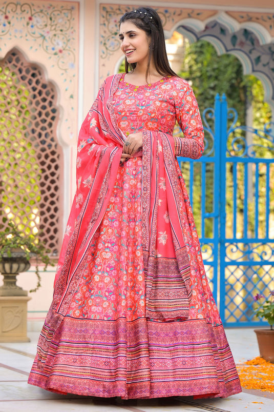 Peach Color Dola Silk Fabric Charming Readymade Anarkali Suit With Digital Printed Work
