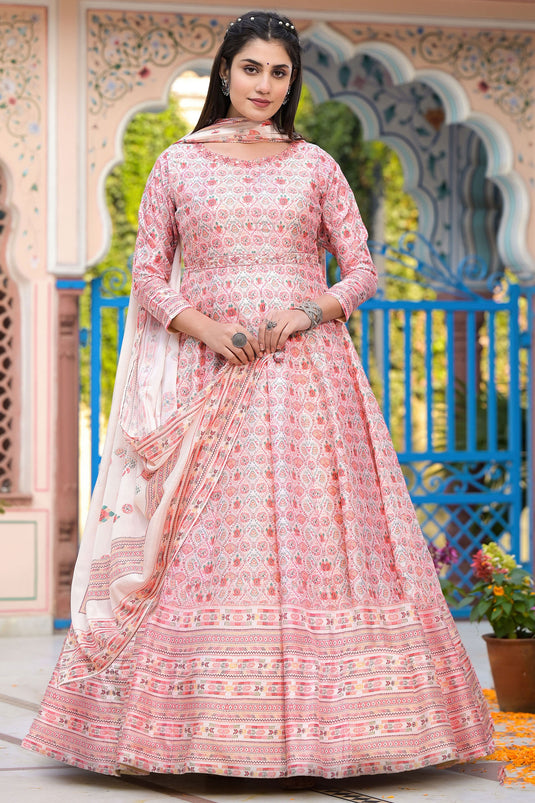 Dola Silk Fabric Off White Color Attractive Readymade Anarkali Suit With Digital Printed Work