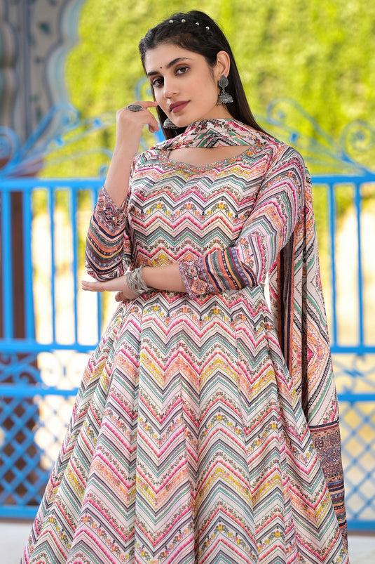 Dola Silk Fabric Multi Color Glamorous Digital Printed Work Readymade Anarkali Suit