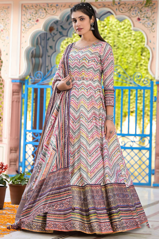 Dola Silk Fabric Multi Color Glamorous Digital Printed Work Readymade Anarkali Suit