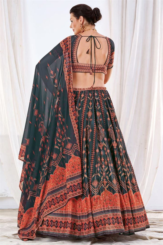 Sangeet Wear Chinon Fabric Black Color Excellent Lehenga With Printed Work