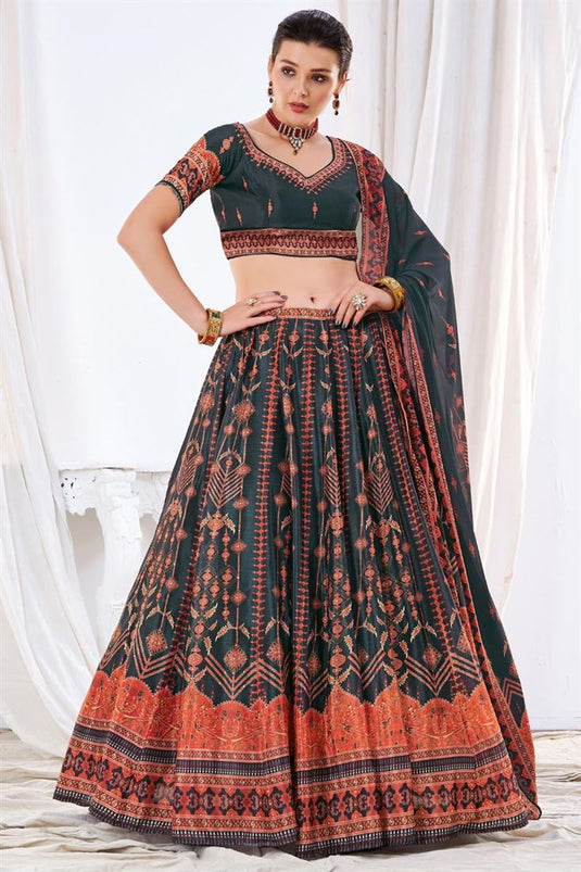 Sangeet Wear Chinon Fabric Black Color Excellent Lehenga With Printed Work