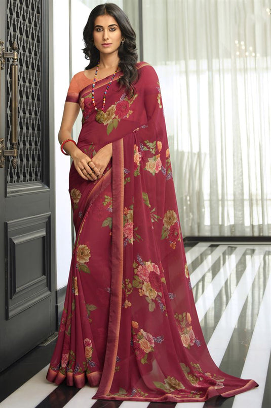 Charming Maroon Color Organza Fabric Saree With Printed Designs