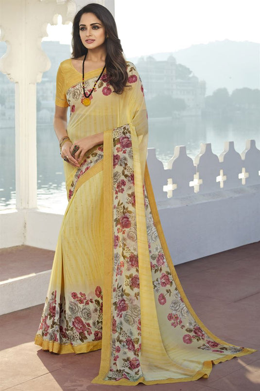 Asmita Sood Soothing Georgette Printed Saree In Yellow Color