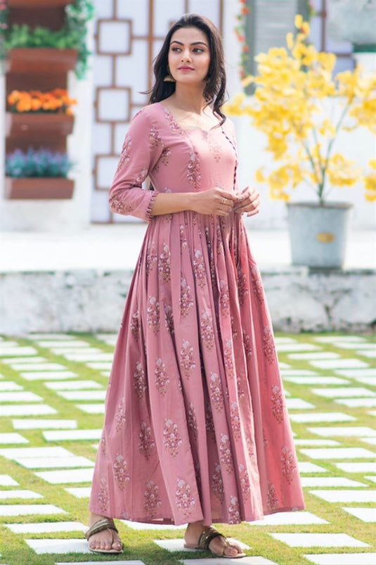 Peach Festive Wear Floral Embroidered Fancy Fabric Anarkali Suit
