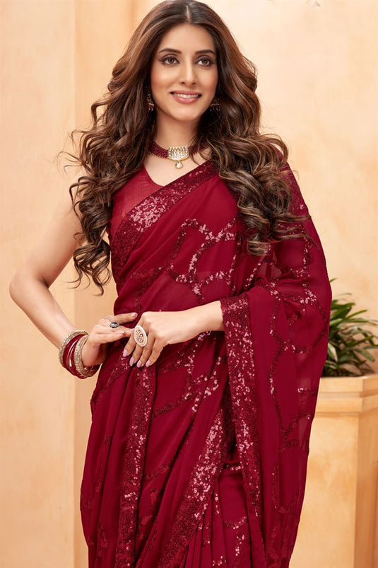 Party Style Maroon Color Georgette Luminous Saree
