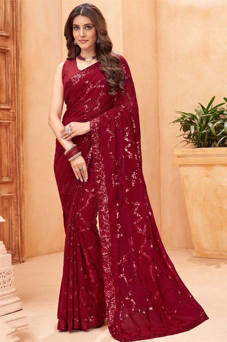 Indian Women Gold & Maroon Georgette Saree with Glitter Work at Rs 1432 in  Surat