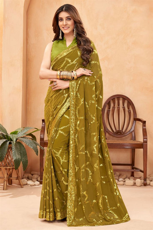 Olive Color Party Style Georgette Enticing Saree