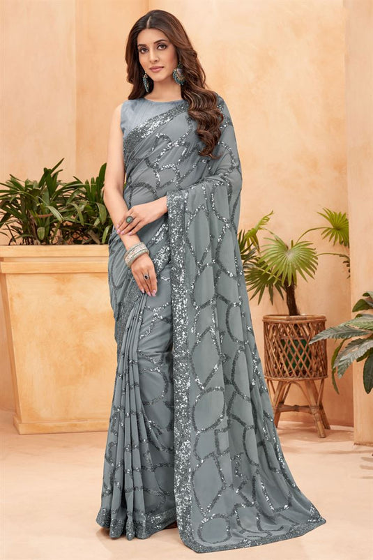 Grey Color Party Style Georgette Exceptional Saree