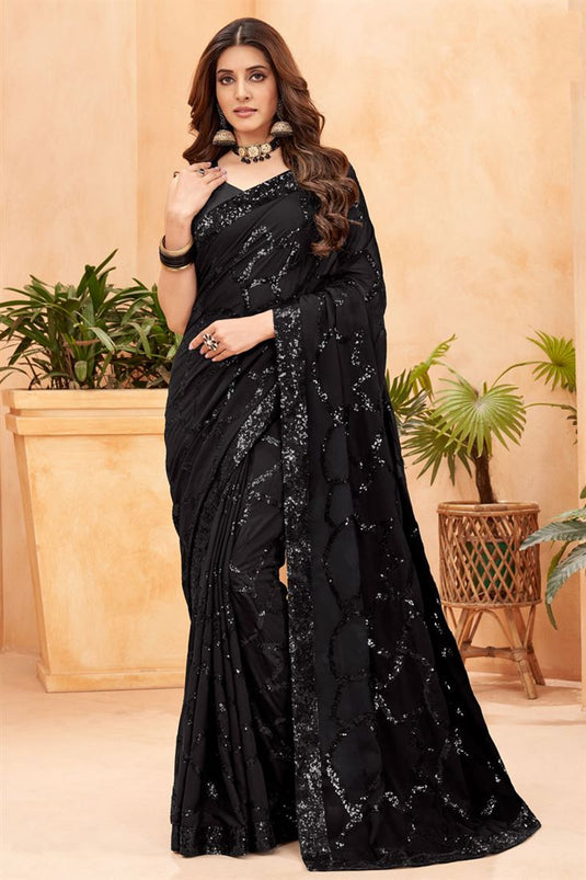 Georgette Black Color Party Style Glorious Saree