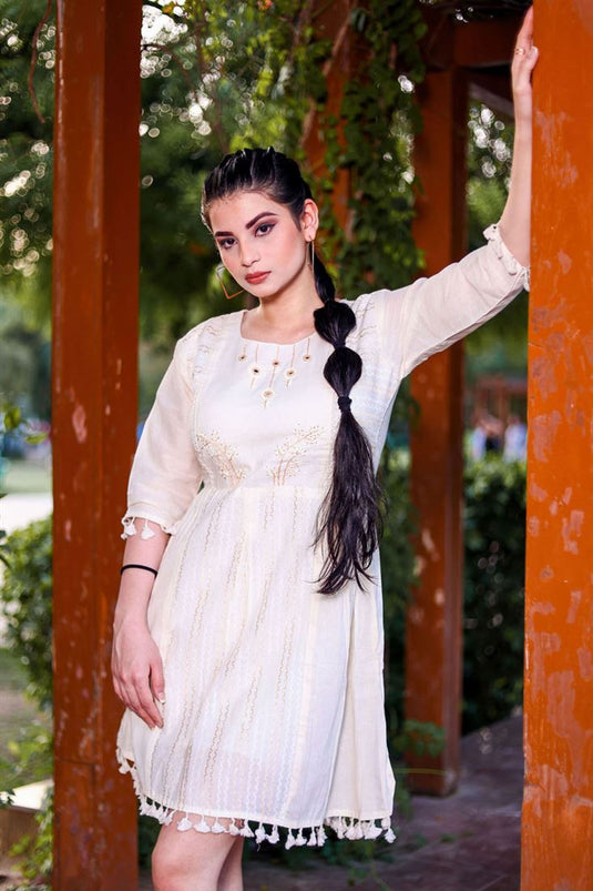 Radiant Off White Thread Hand Work Cotton Fabric Kurti