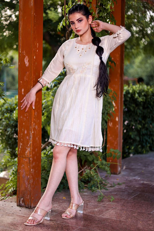 Radiant Off White Thread Hand Work Cotton Fabric Kurti