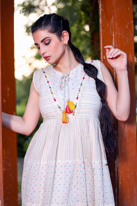 Off White Thread Hand Work Cotton Fabric Fabulous Kurti