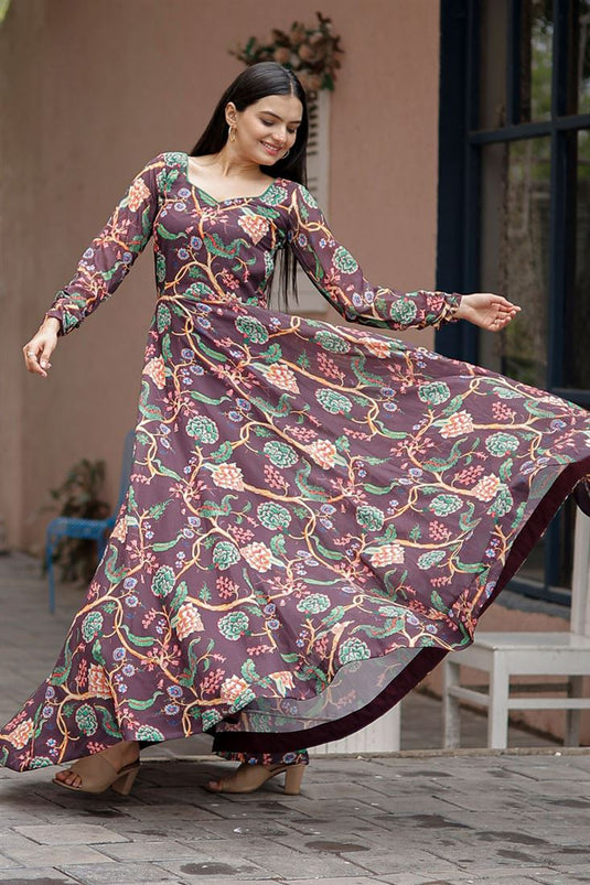 Georgette Brown Color Elegance Digital Printed Gown with Dupatta