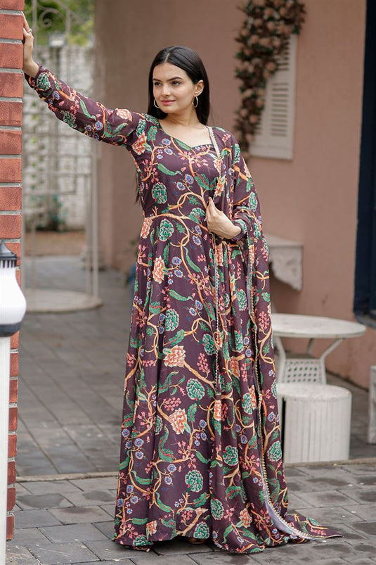 Georgette Brown Color Elegance Digital Printed Gown with Dupatta