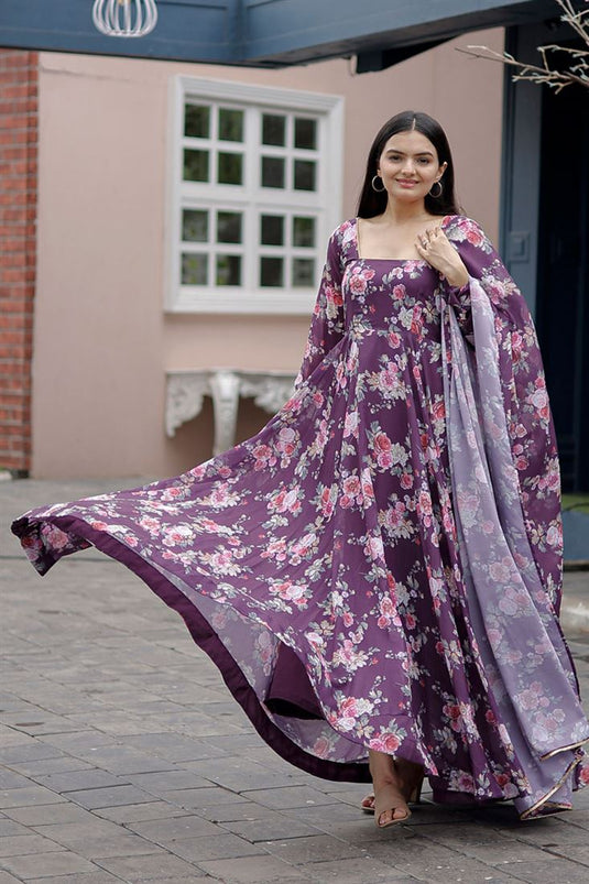 Vibrant Festivities Digital Printed Georgette Gown with Dupatta In Purple Color
