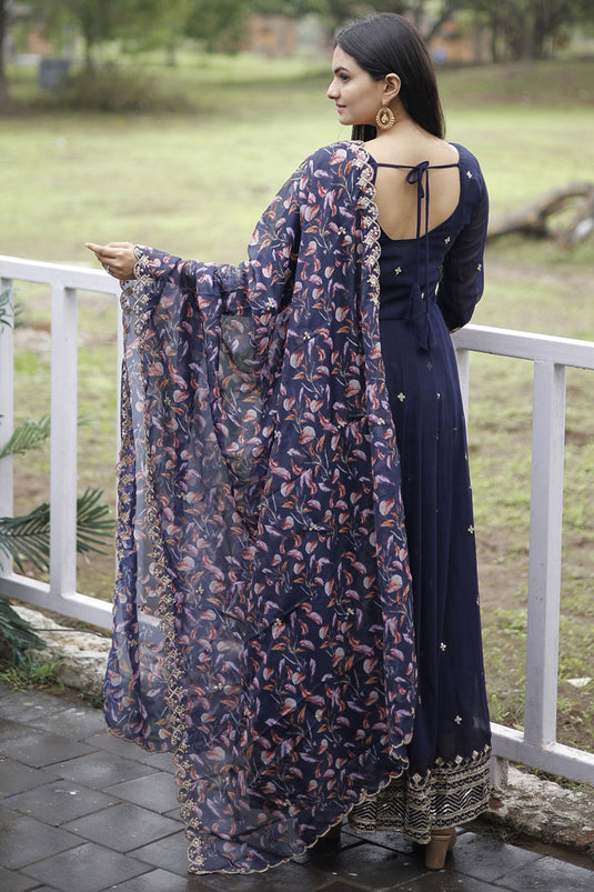 Georgette Fabric Soft Embroidered Navy Blue Color Readymade Long Anarkali Style Gown With Dupatta