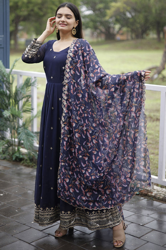 Georgette Fabric Soft Embroidered Navy Blue Color Readymade Long Anarkali Style Gown With Dupatta