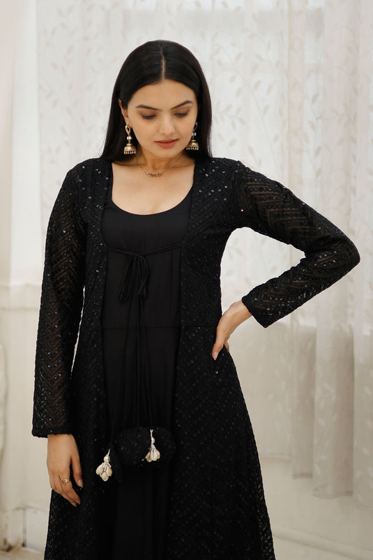 Function Wear Black Color Glorious Readymade Gown With Shrug In Rayon Fabric