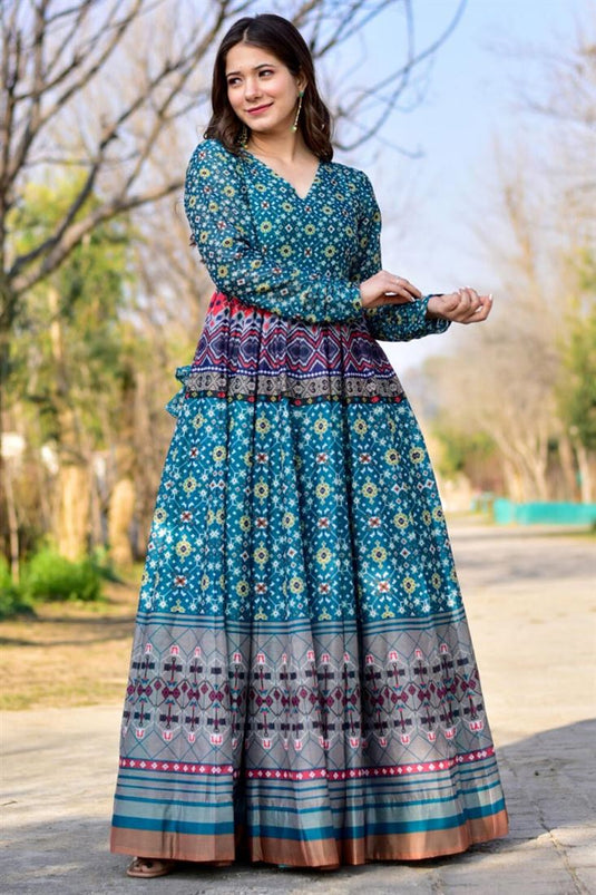 Party Wear Cyan Color Fashionable Printed Long Gown In Fancy Fabric