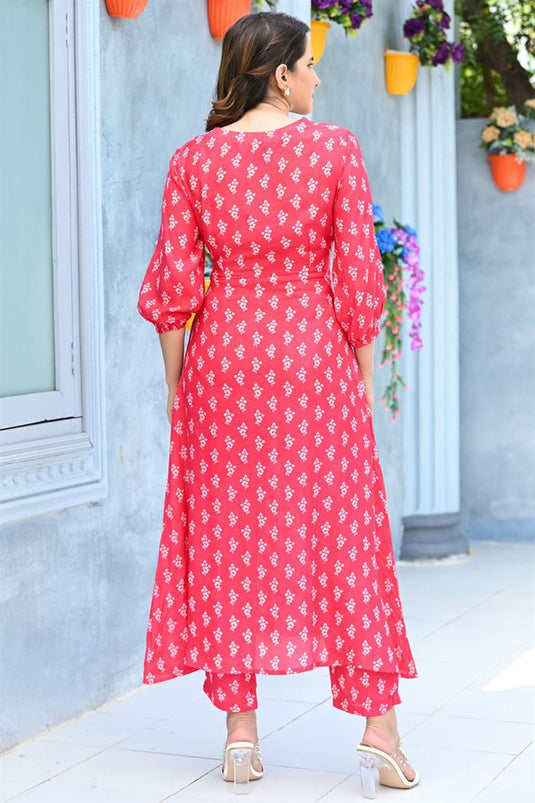 Radiant Pink Color Printed Fancy Fabric Kurti With Bottom