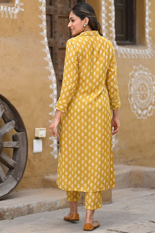 Mustard Color Printed Fancy Fabric Fabulous Kurti With Bottom