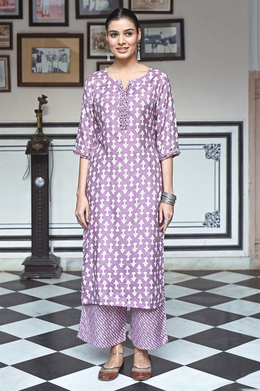 Fancy Fabric Purple Color Printed Spectacular Kurti With Bottom