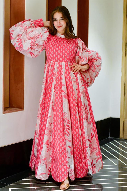 Cotton Silk Pink And White Gown with Digital Print work