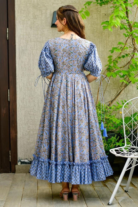 Cotton Silk Gown in Blue with Digital Print work