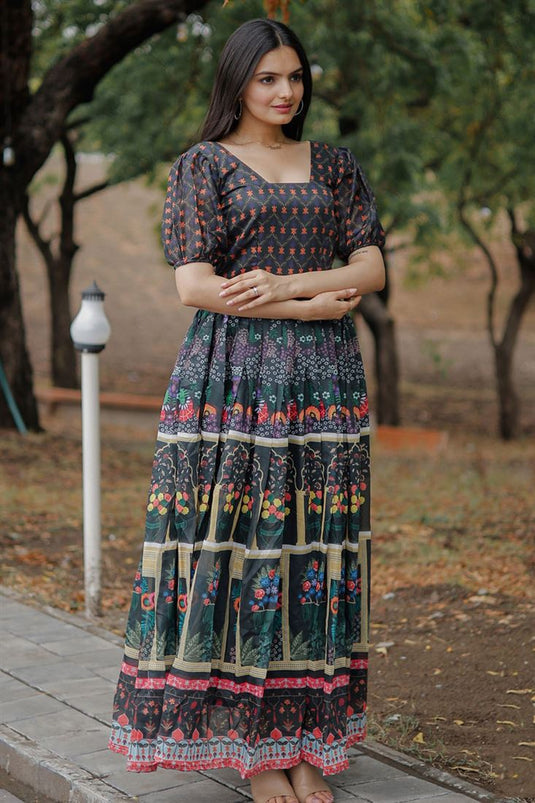 Grey Color Digital Printed Readymade Gown In Chanderi Fabric