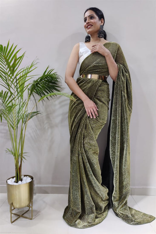 Beauteous Party Look Mehendi Green Color Ready to Wear Saree In Fancy Fabric