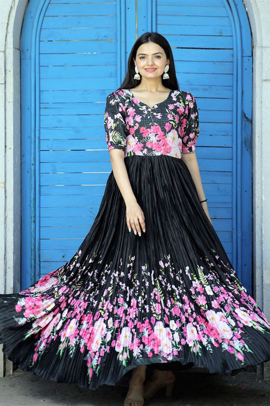 Digital Printed Work On Readymade Gown In Black Color Maslin Fabric