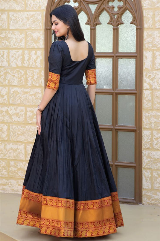 Black Color Jacquard Weaving Adorning Silk Gown