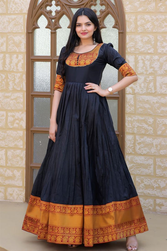 Black Color Jacquard Weaving Adorning Silk Gown