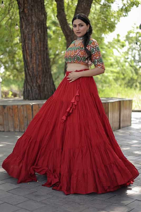 Rayon Fabric Embroidered Designer Navratri Special Readymade Lehenga Choli In Red Color