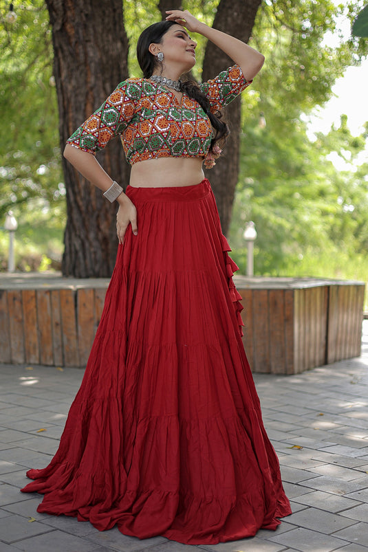 Rayon Fabric Embroidered Designer Navratri Special Readymade Lehenga Choli In Red Color