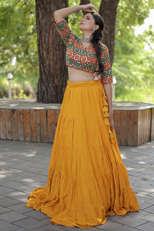 Embroidered Mustard Color Navratri Special Readymade Lehenga Choli In Rayon Fabric