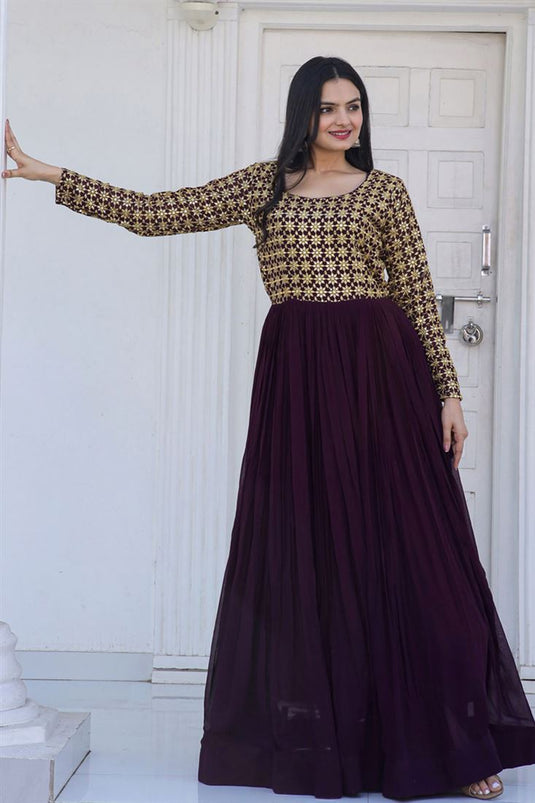 Function Wear Luminous Readymade Georgette Gown In Wine Color