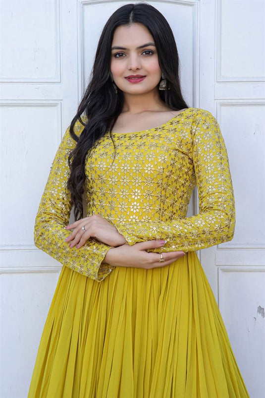 Function Wear Charismatic Readymade Georgette Gown In Yellow Color