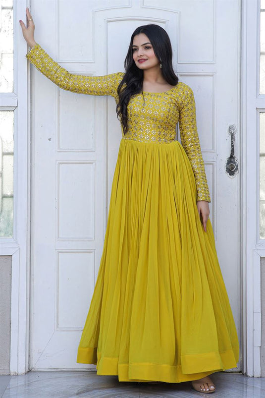 Readymade Gown Print Muslin in Yellow -